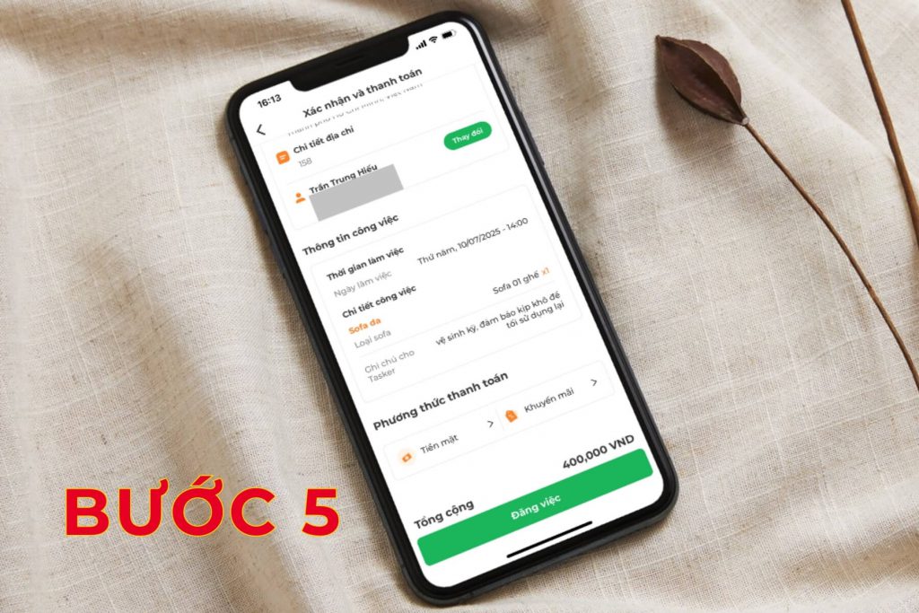 Bấm “Đăng việc” để hoàn tất đặt dịch vụ.
