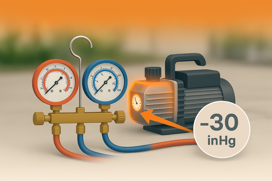 Đồng hồ manifold hiển thị độ chân không -30 inHg.